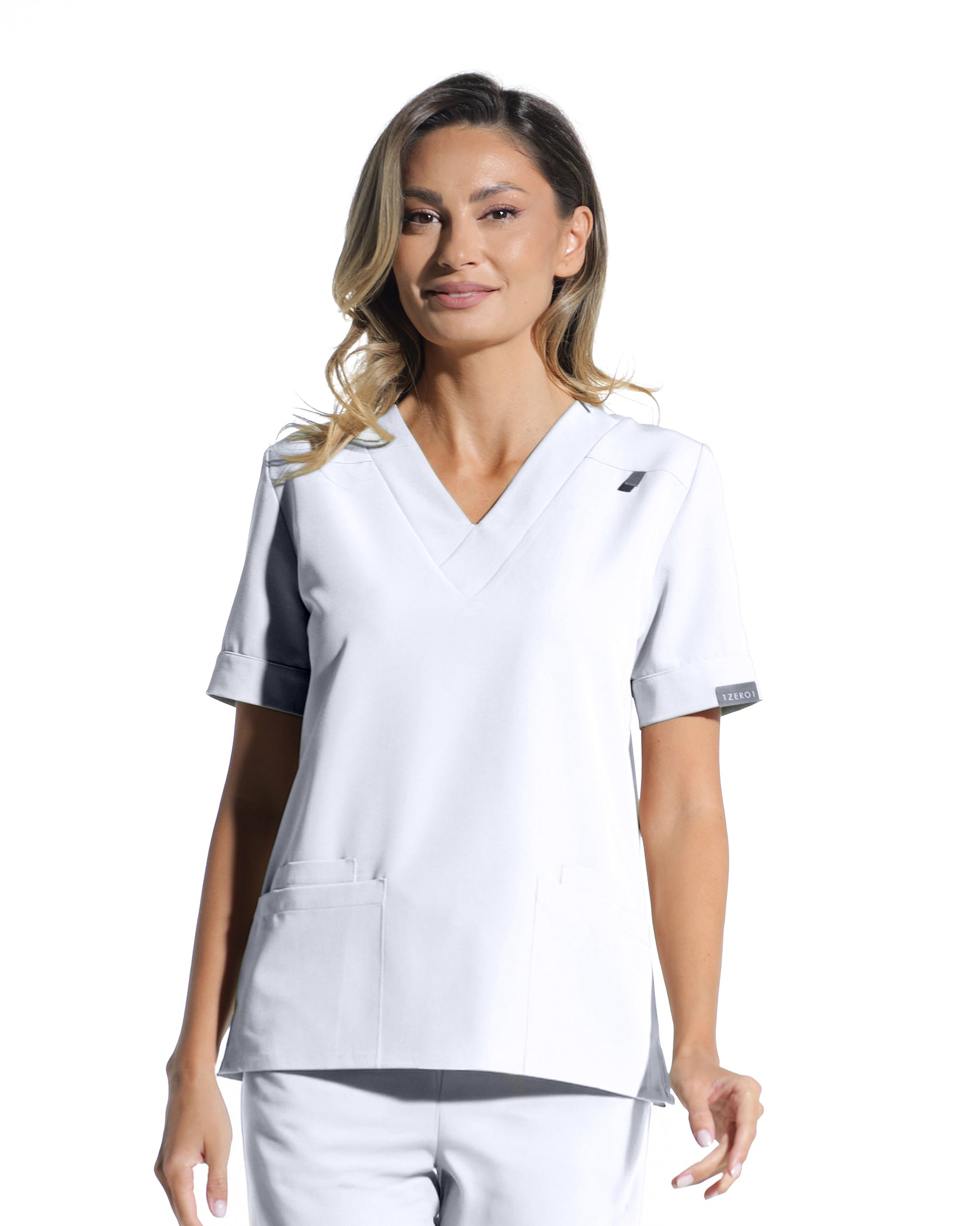 VERSO Opaque White Scrub Top - Close up details