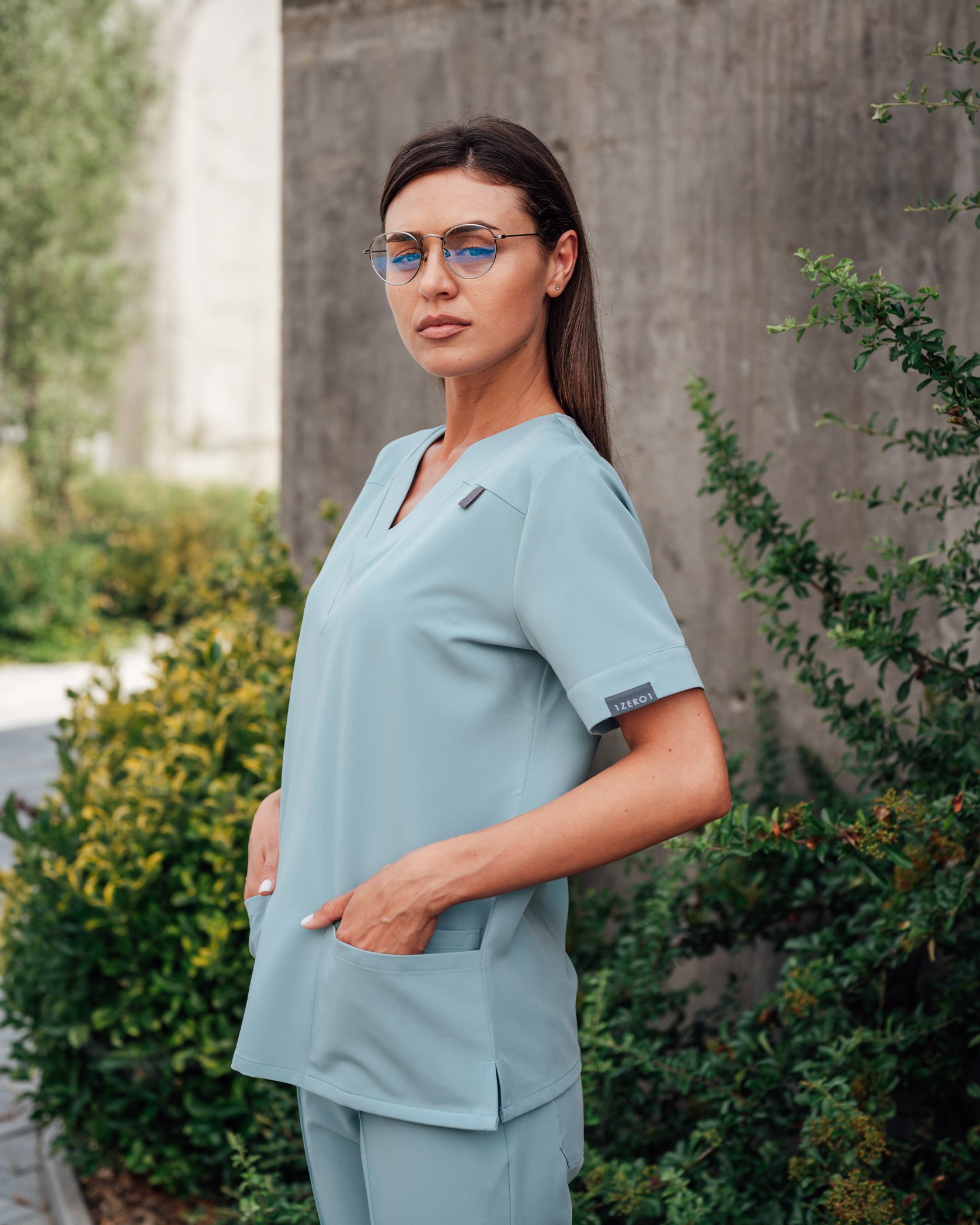 VERSO Blue Scrub Top - Front view