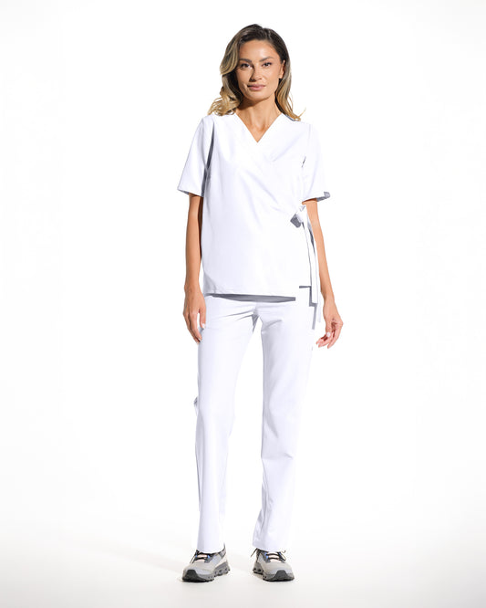 Bluza medicala dama ANAIS alb - croi kimono cu cordon lateral