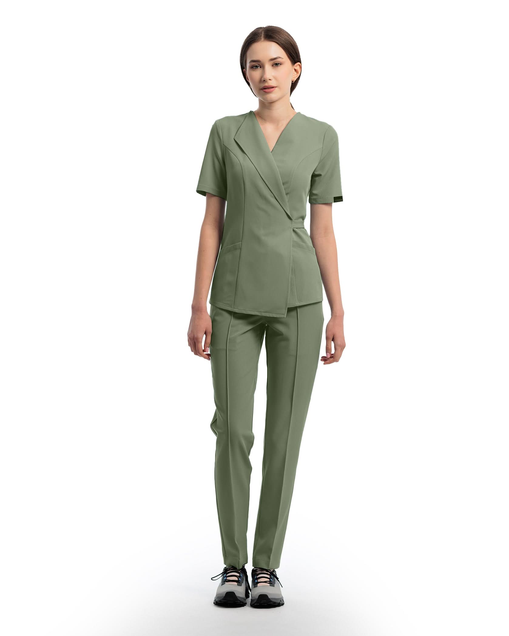 SIENA Olive Scrub Top - Close up details