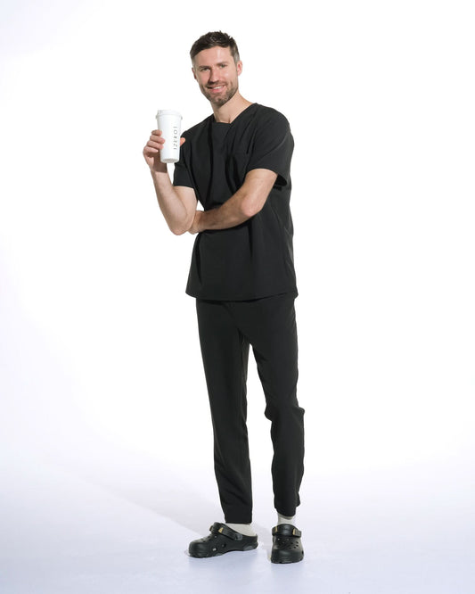Men's RIZZ medical scrubs, black.