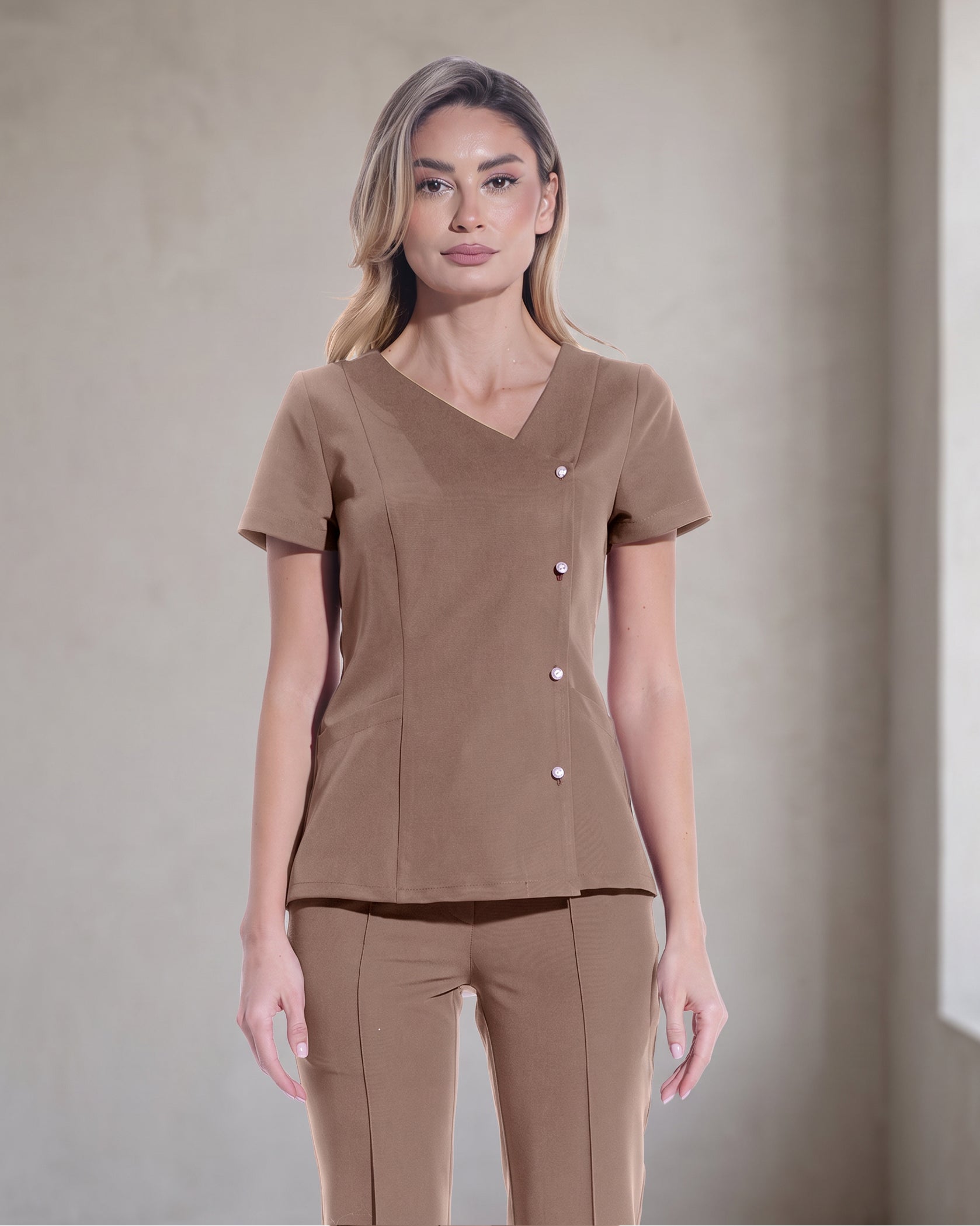 PERLA Cappuccino Scrub Top - Front view