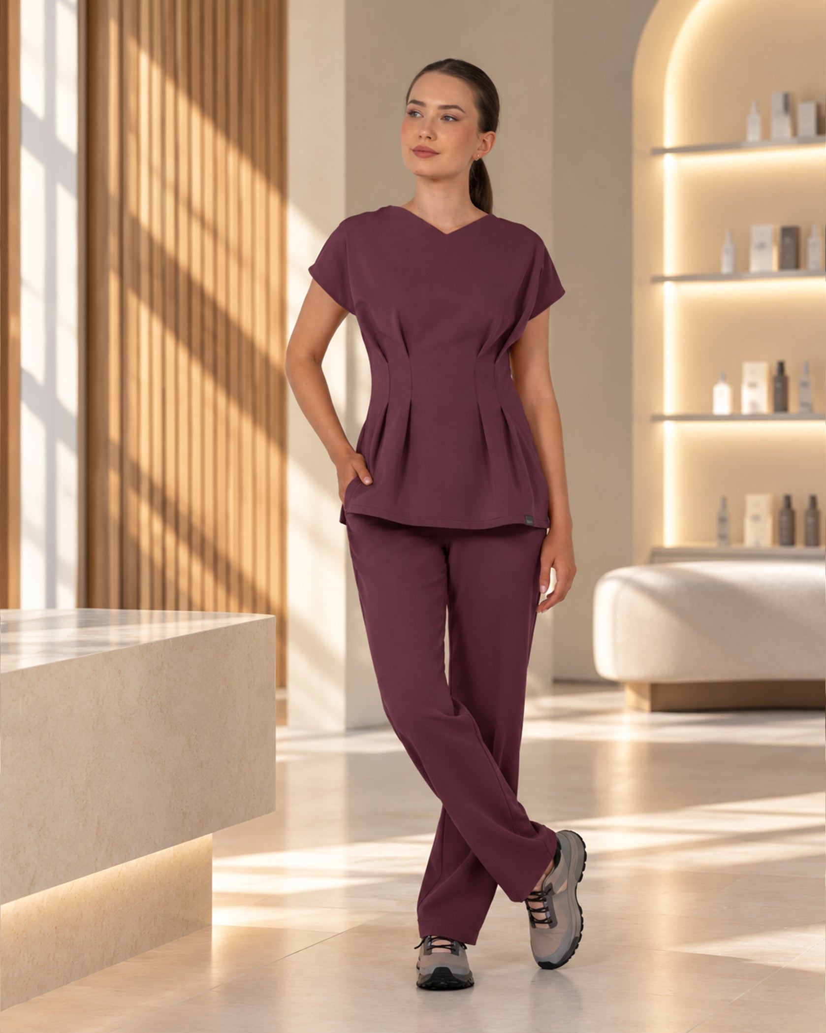 ANORA Grape Scrub Top - Close up details