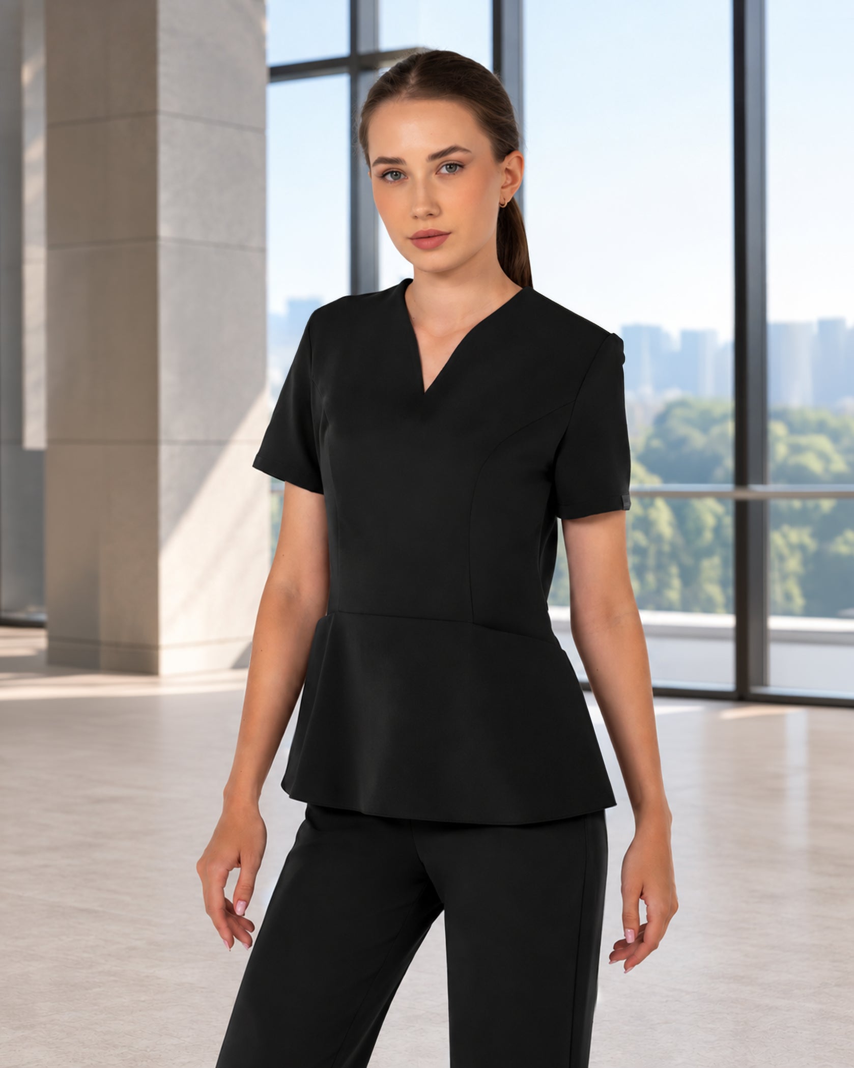 OPAL Black Scrub Top - Front view