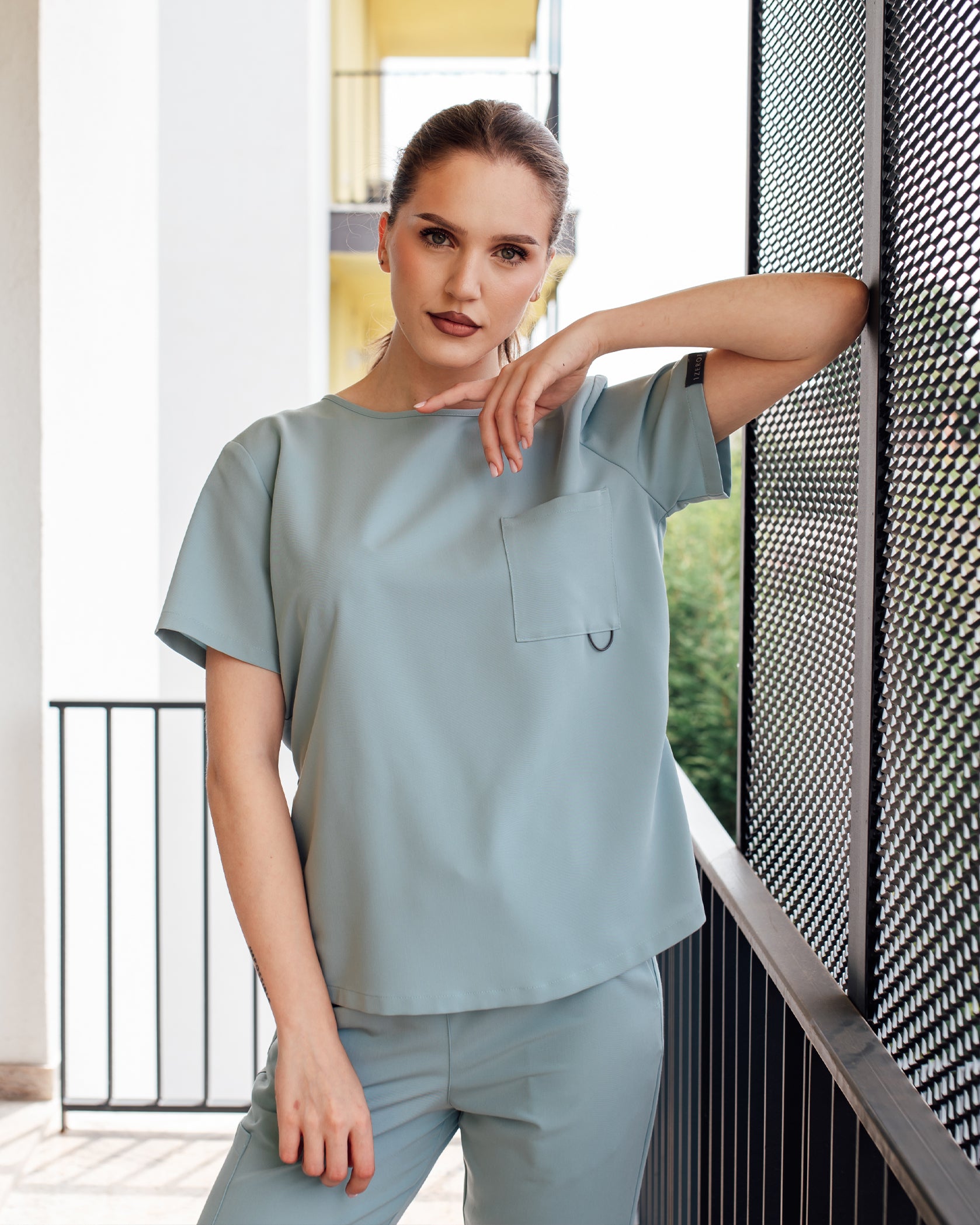 FLOW Blue Scrub Top - Front view