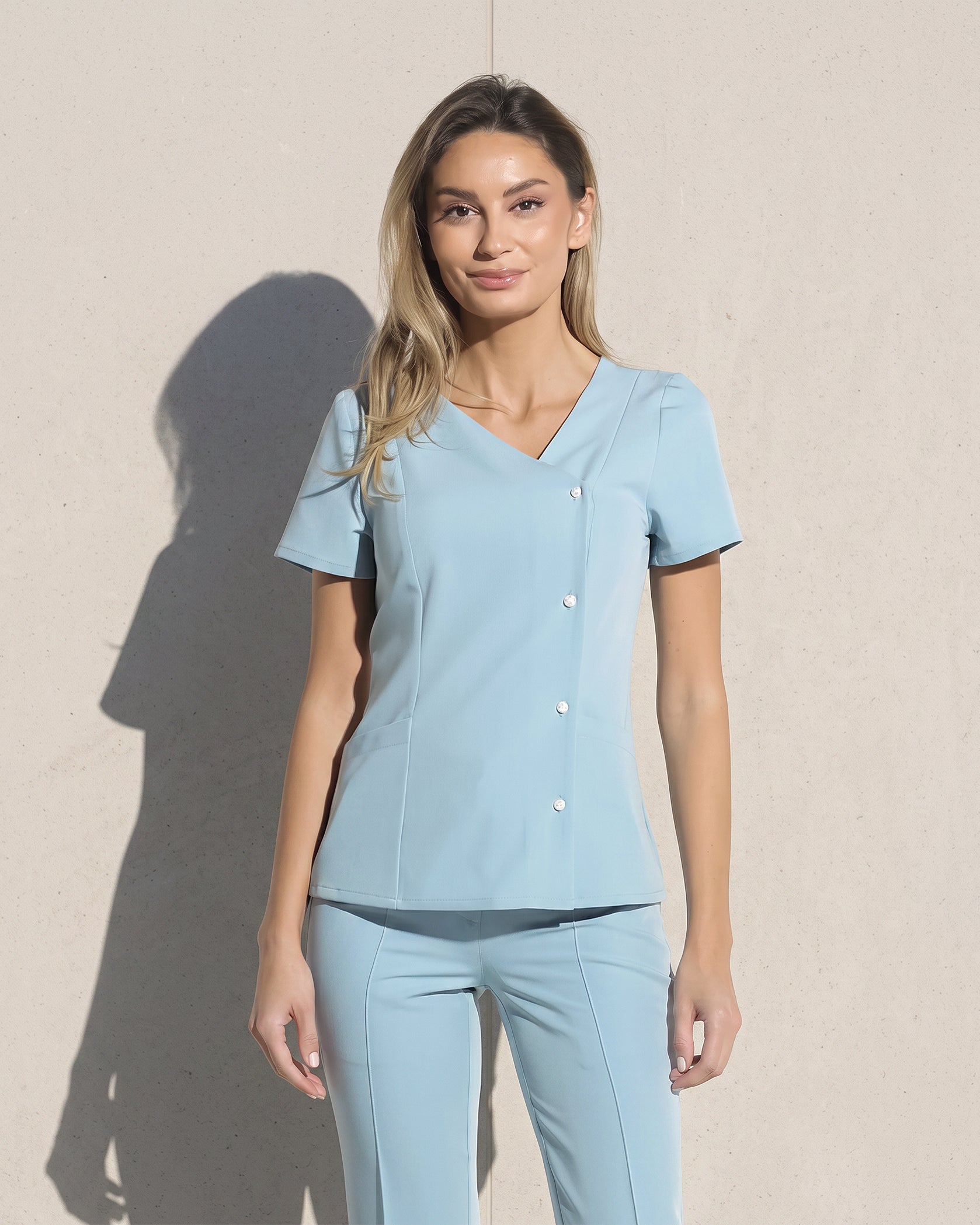 PERLA Blue Scrub Top - Front view