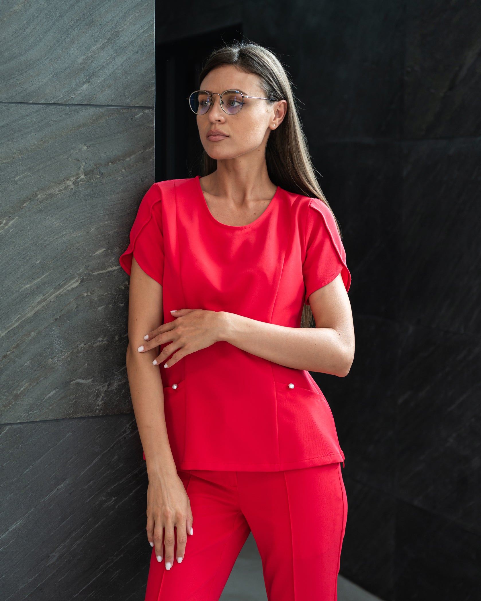 PETALI Red Scrub Top - Front view