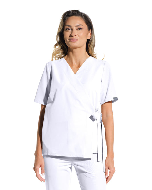 Bluza medicala ANAIS alb - detaliu guler petrecut si cordon