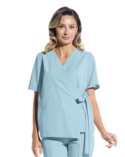 Bluza medicala ANAIS blue - detaliu guler petrecut si cordon