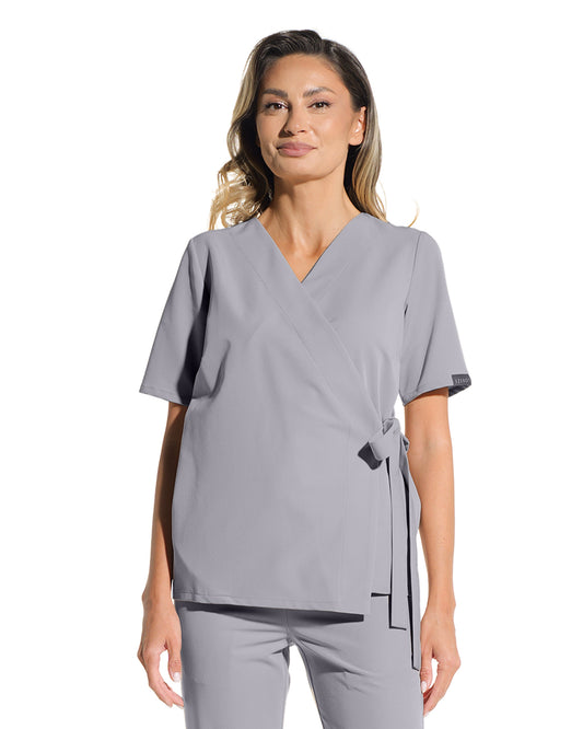 Bluza medicala ANAIS gri - detaliu guler petrecut si cordon