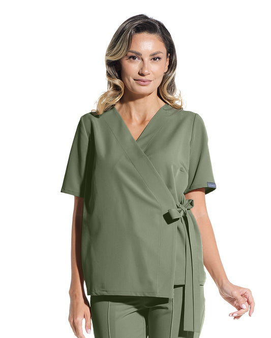 Bluza medicala ANAIS olive - detaliu guler petrecut si cordon
