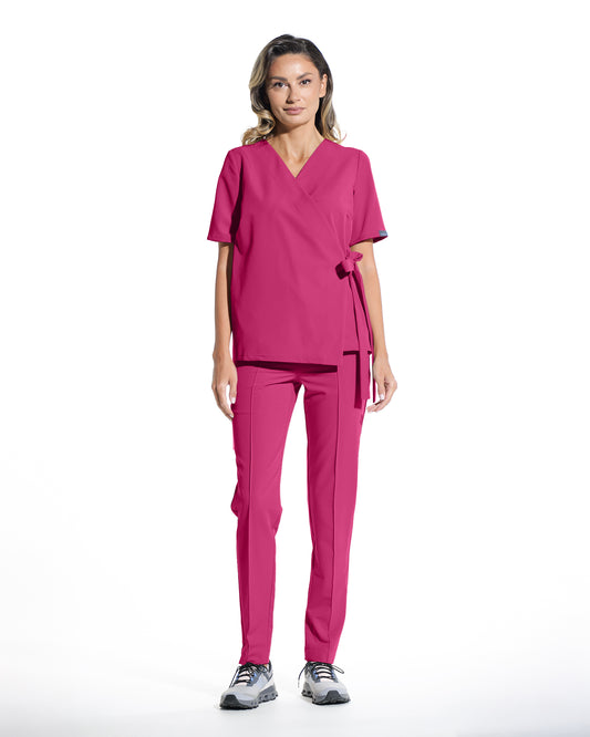 Bluza medicala dama ANAIS magenta - croi kimono cu cordon lateral