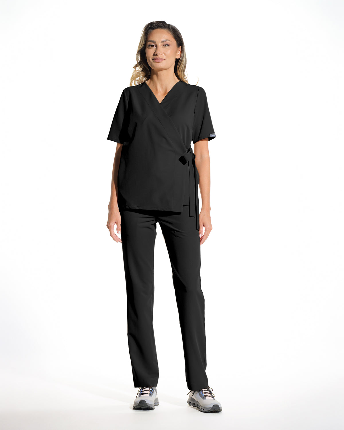 Bluza medicala dama ANAIS negru - croi kimono cu cordon lateral