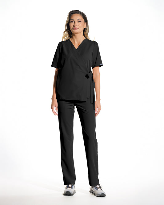 Bluza medicala dama ANAIS negru - croi kimono cu cordon lateral