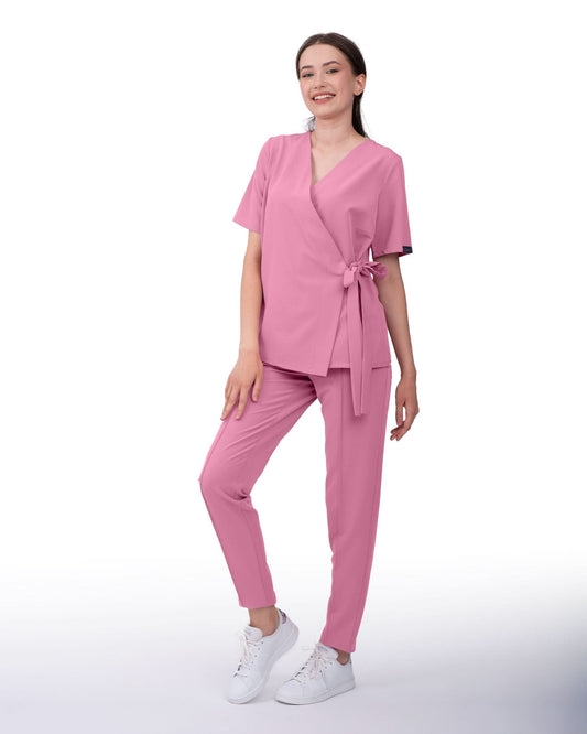 Bluza medicala kimono ANAIS rose dust - silueta cu cordon lateral