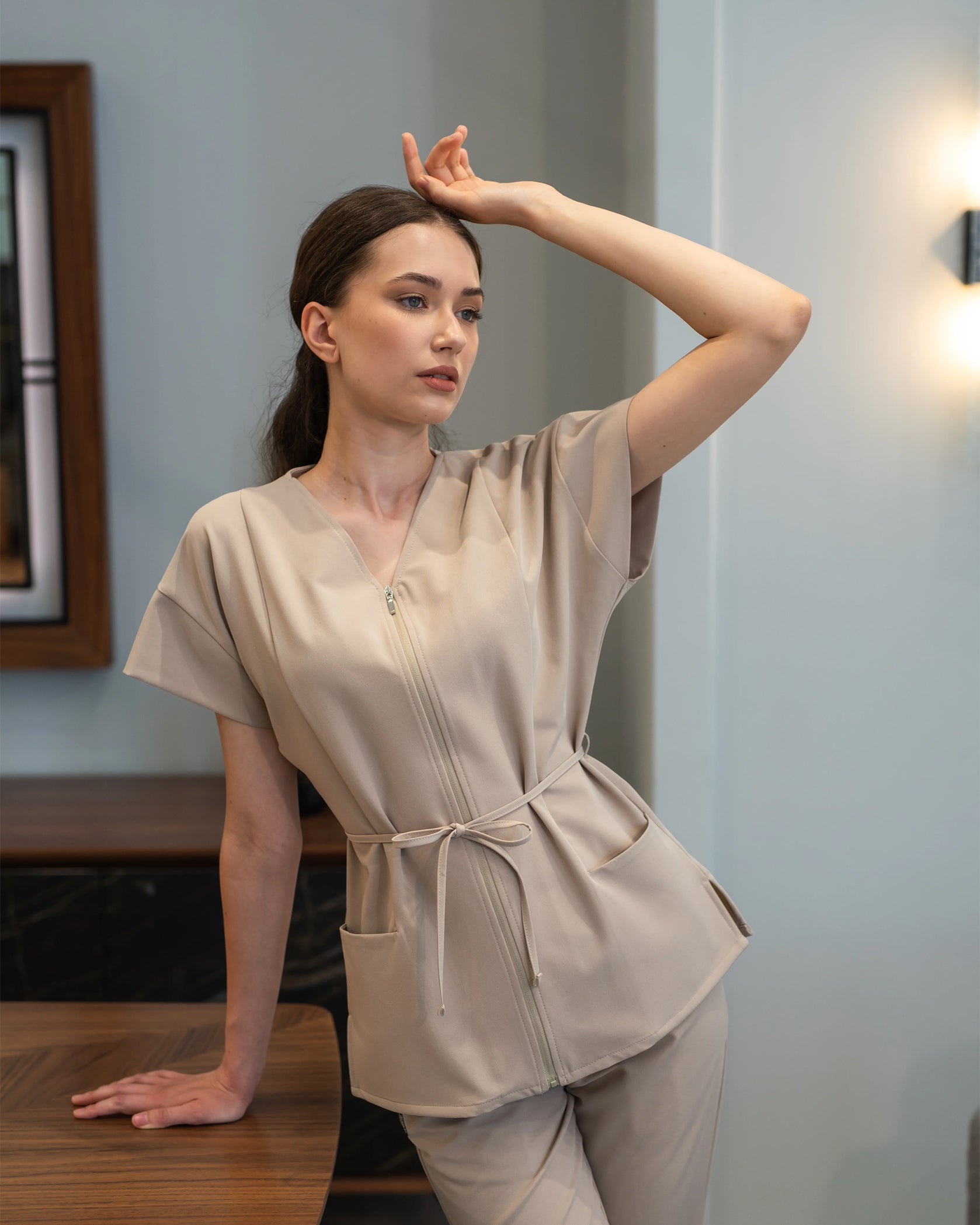 ROSA Latte Scrub Top - Front view