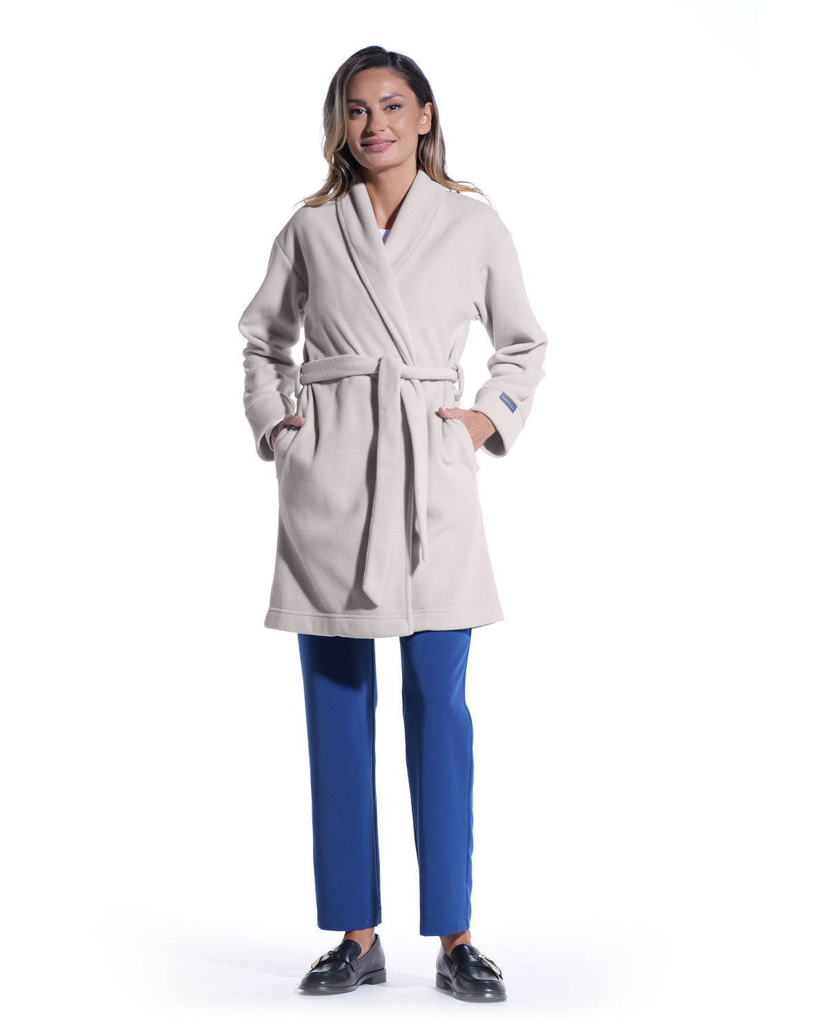 Halat medical dama grej Soft vazut frontal, cu cordon si buzunare