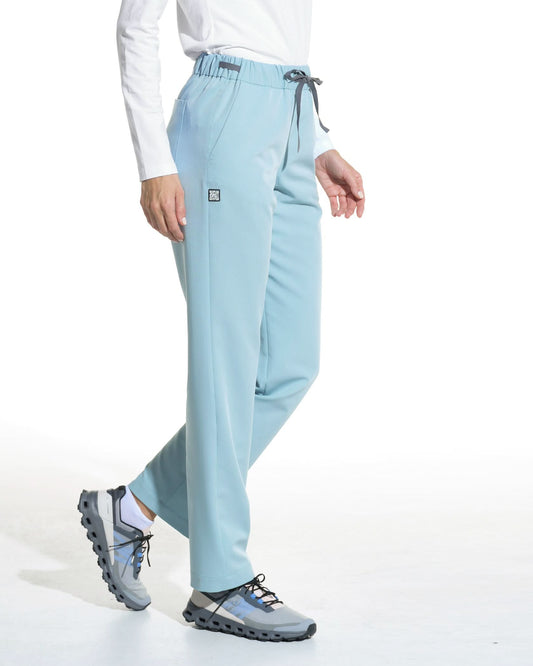 Pantaloni medicali dama LINEA blue - vedere laterala cu elastic, snur si buzunar lateral
